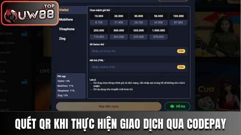 Nạp Tiền UW88 - Siêu Nhanh, An Toàn & Không Gián Đoạn 3 Thẻ cào phù hợp với người không sử dụng ngân hàng
